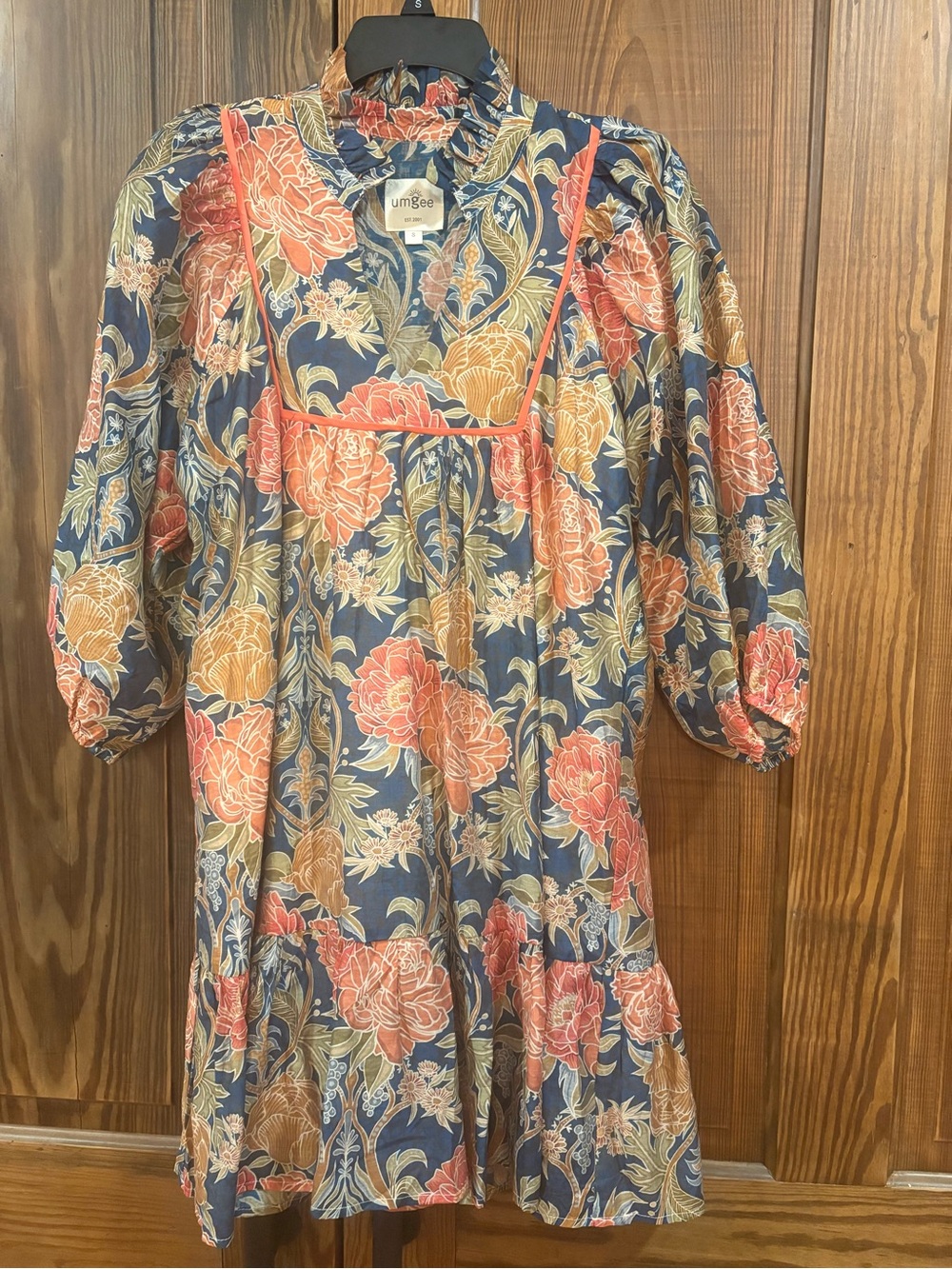 Umgee Navy Floral Midi Dress with Coral & Mustard Blooms